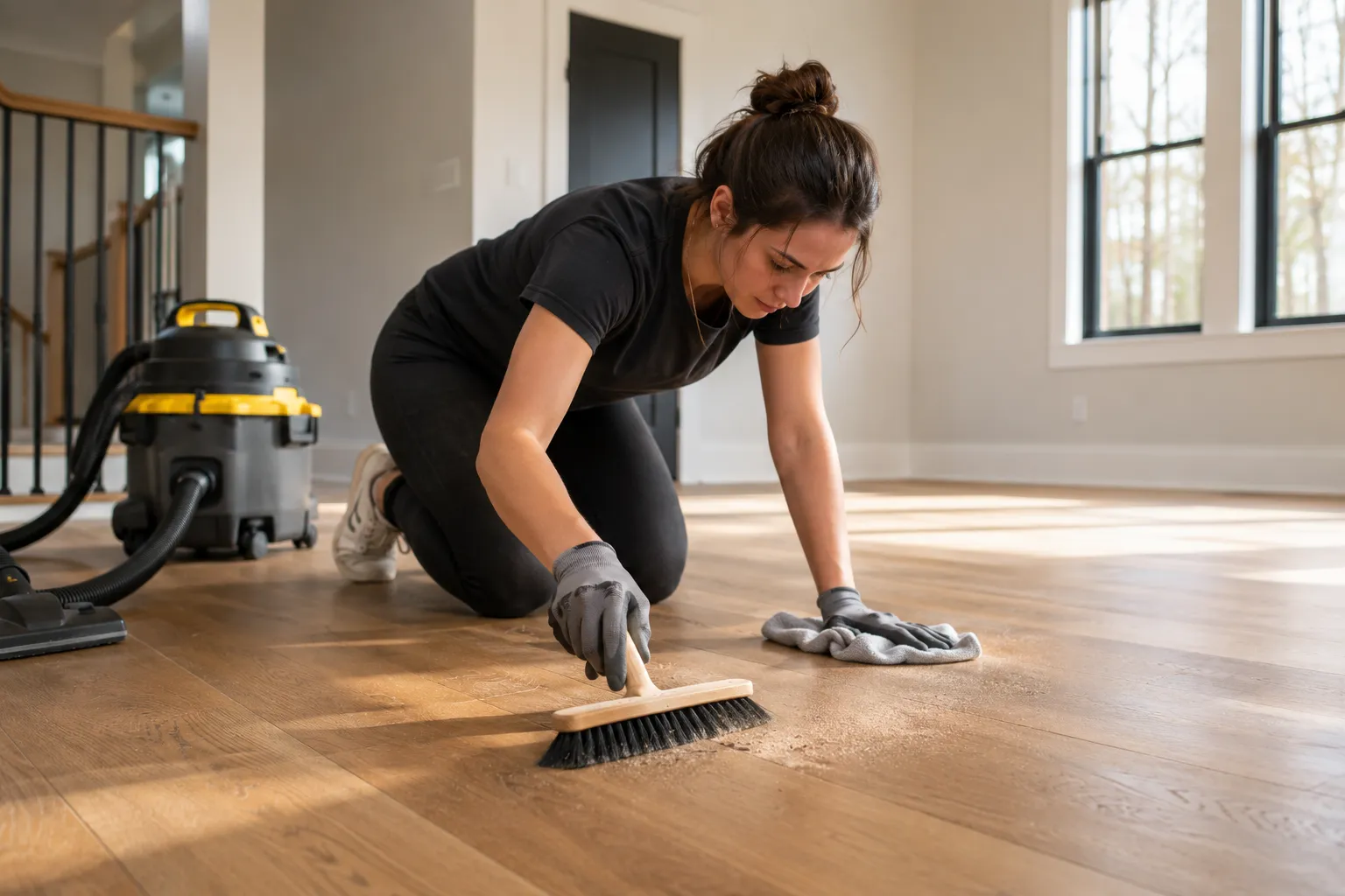 Cleaning fine dust off brand new hardwood floors