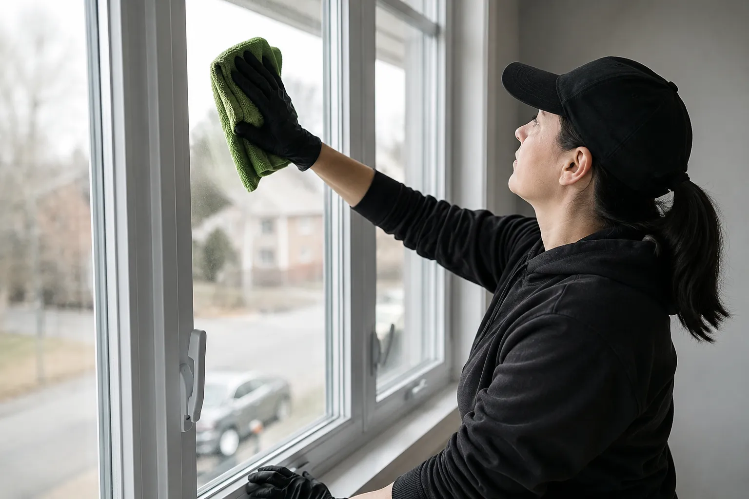 Carefully wiping new window frames